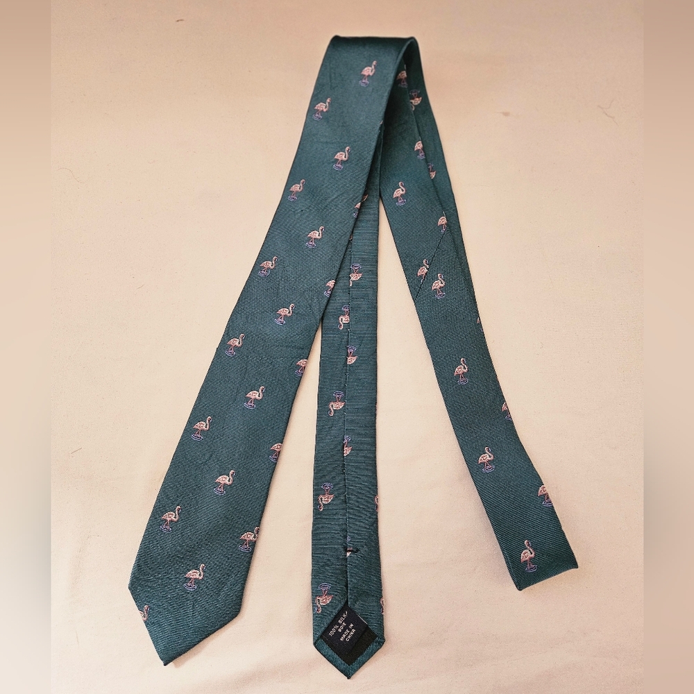 J. Crew Green Flamingo Print Men's Tie Necktie 100% Silk